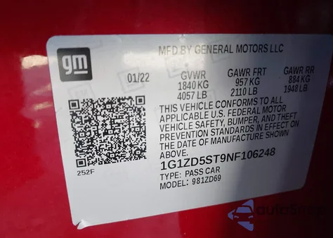 2022 Chevrolet Malibu Fwd Lt from USA, damaged, VIN 1G1ZD5ST9NF106248